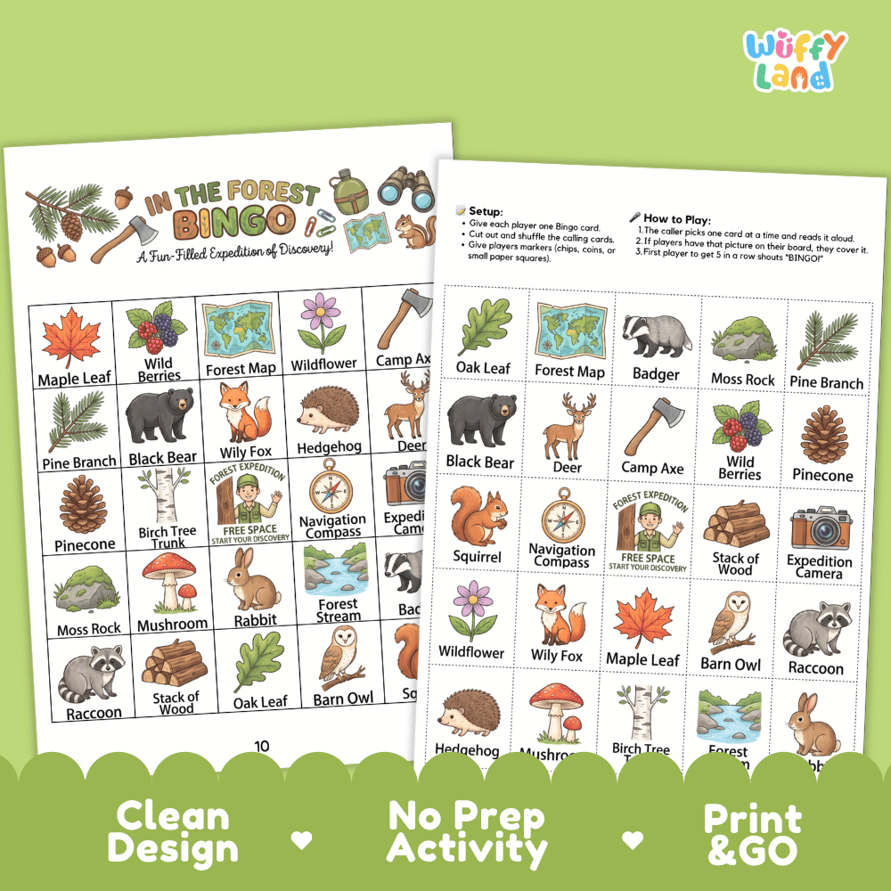 In The Forest BINGO Games Printable Woodland Habitat Activity Cards