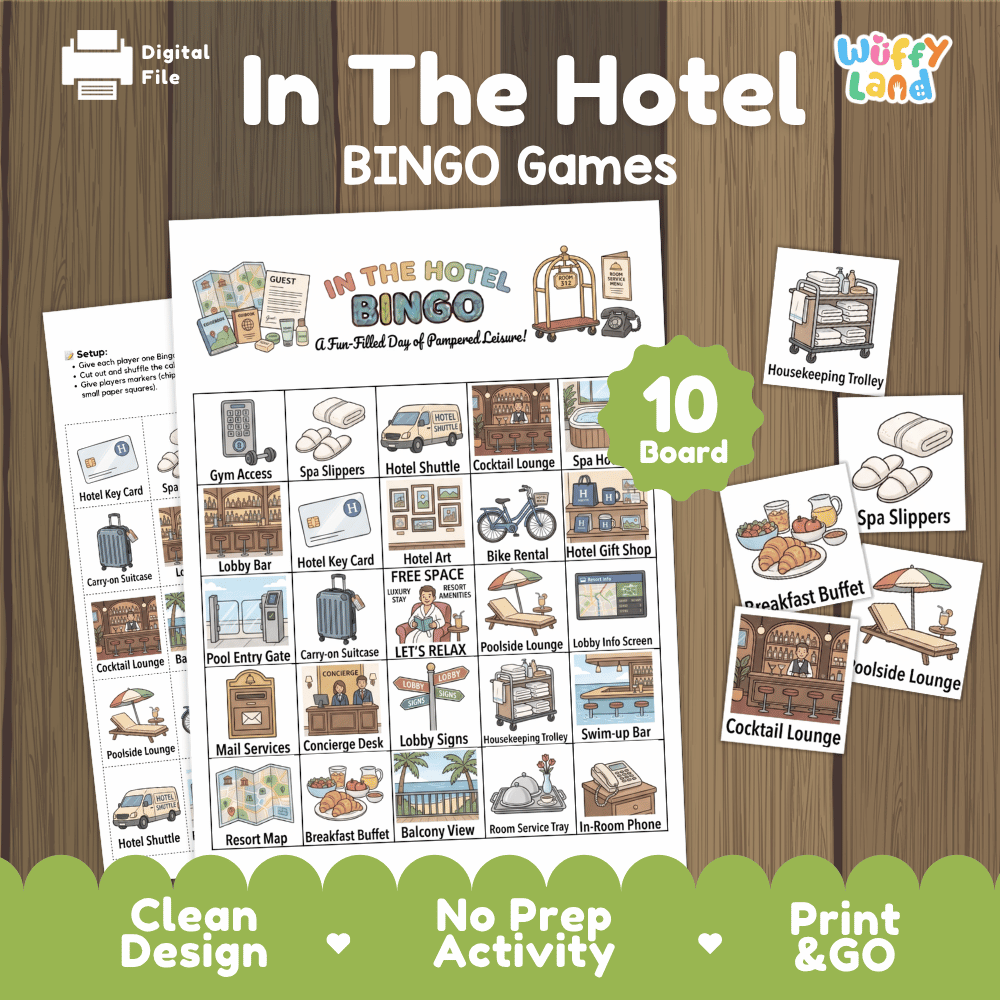 In The Hotel BINGO Games Printable Travel and Hospitality Activity Cards