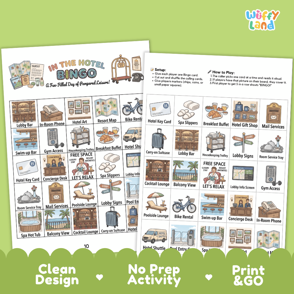 In The Hotel BINGO Games Printable Travel and Hospitality Activity Cards