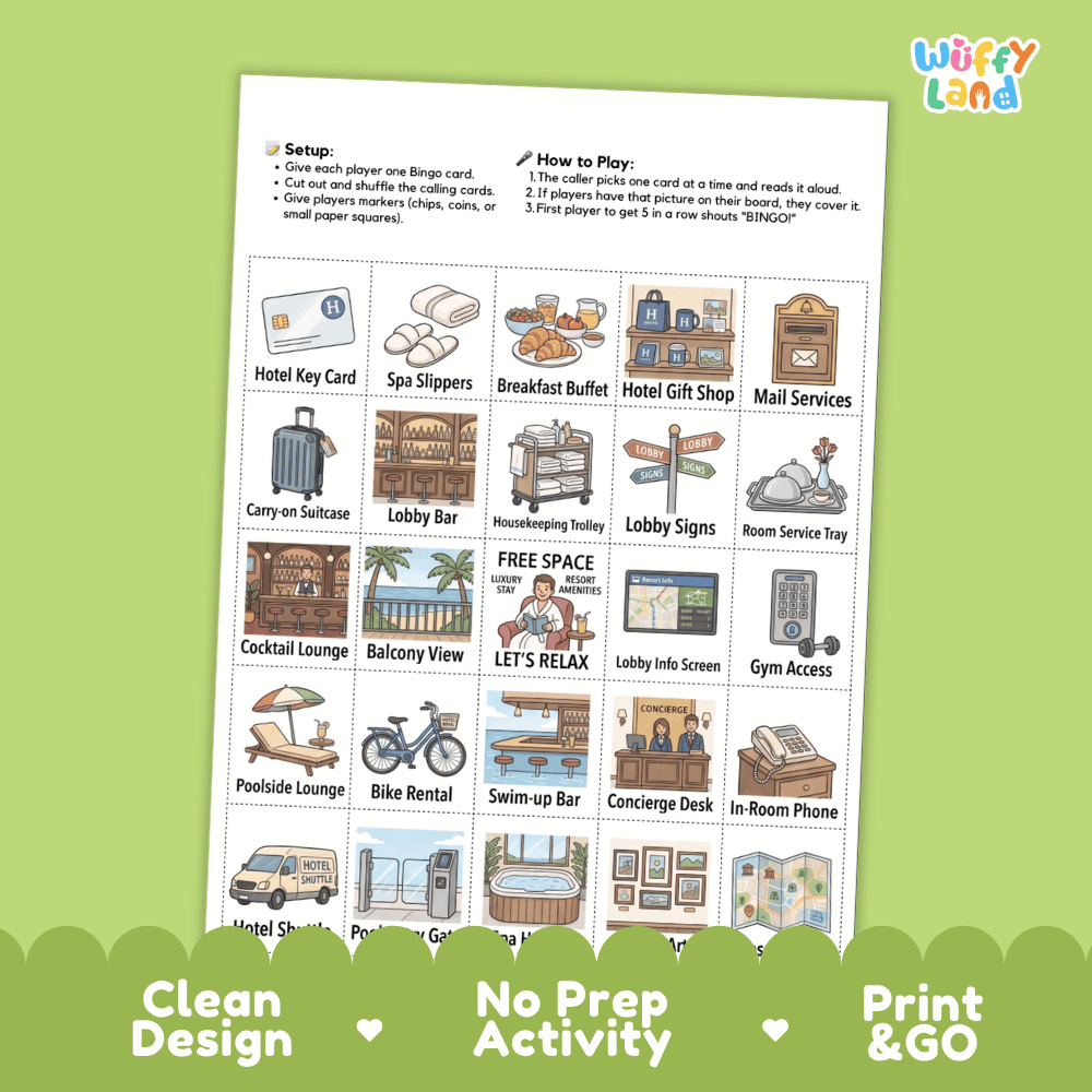 In The Hotel BINGO Games Printable Travel and Hospitality Activity Cards
