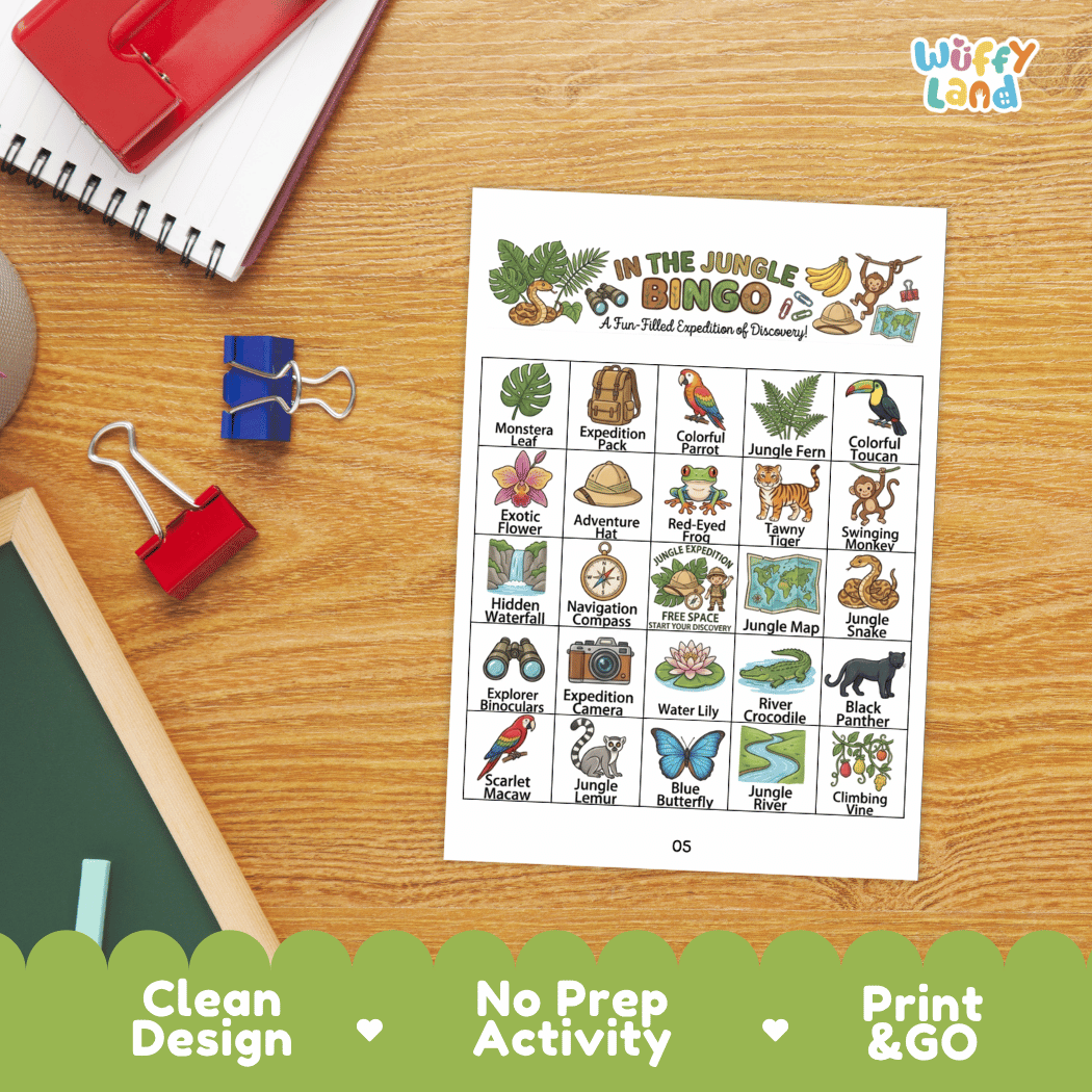 In The Jungle BINGO Games Printable Rainforest Animals Activity Cards