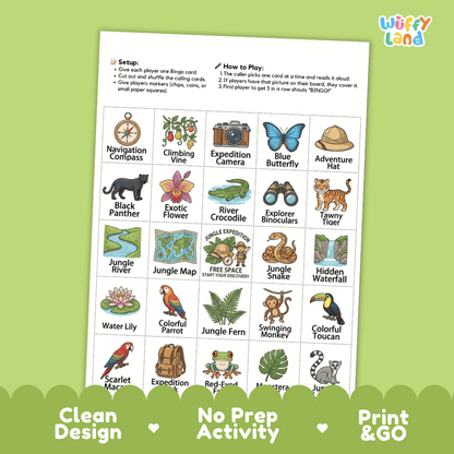 In The Jungle BINGO Games Printable Rainforest Animals Activity Cards