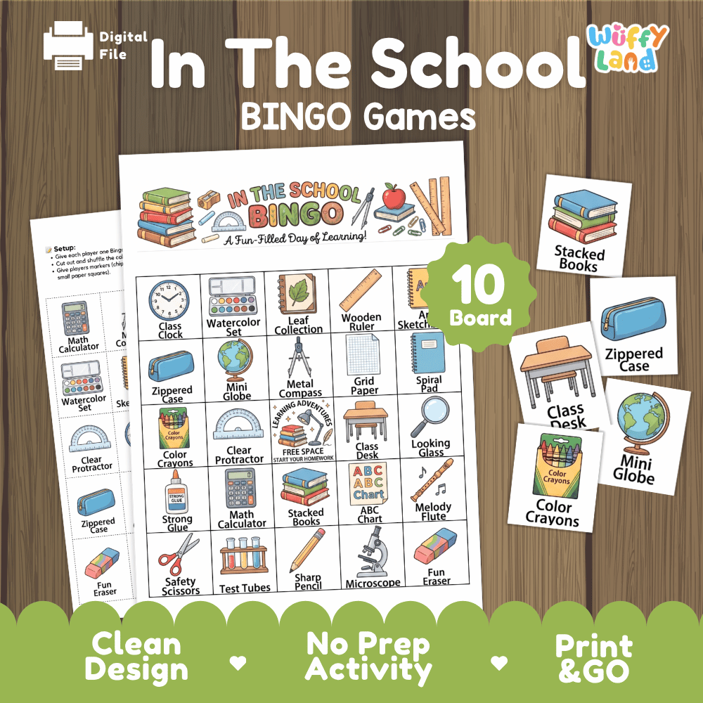 In The School BINGO Games Printable Classroom Supplies Activity Cards