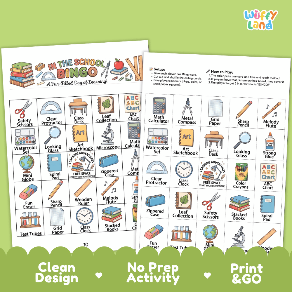 In The School BINGO Games Printable Classroom Supplies Activity Cards