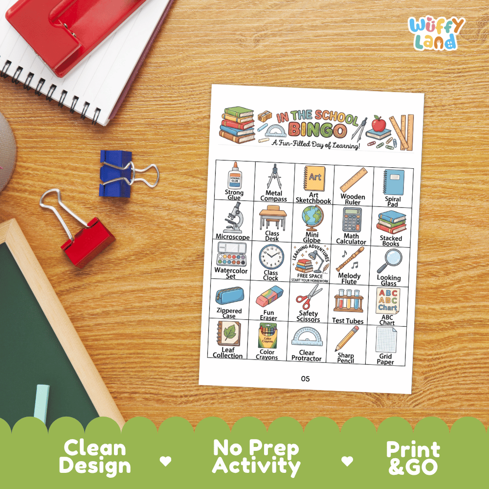 In The School BINGO Games Printable Classroom Supplies Activity Cards