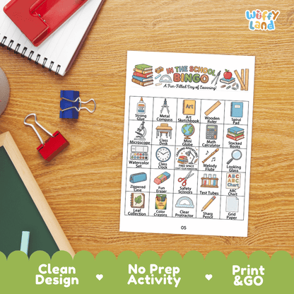 In The School BINGO Games Printable Classroom Supplies Activity Cards