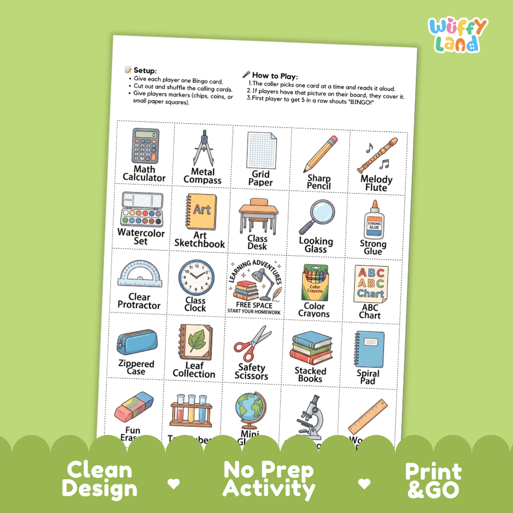 In The School BINGO Games Printable Classroom Supplies Activity Cards