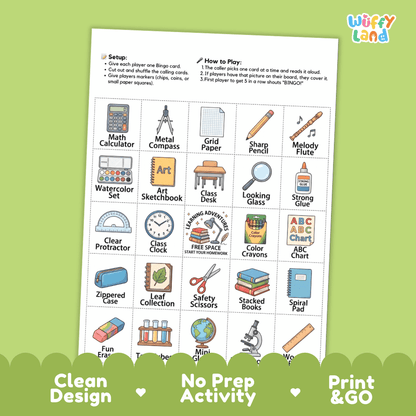 In The School BINGO Games Printable Classroom Supplies Activity Cards