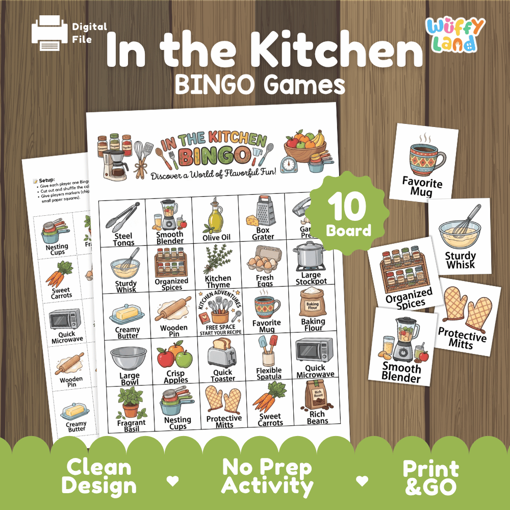 In the Kitchen BINGO Games Printable Cooking Tools Activity Cards