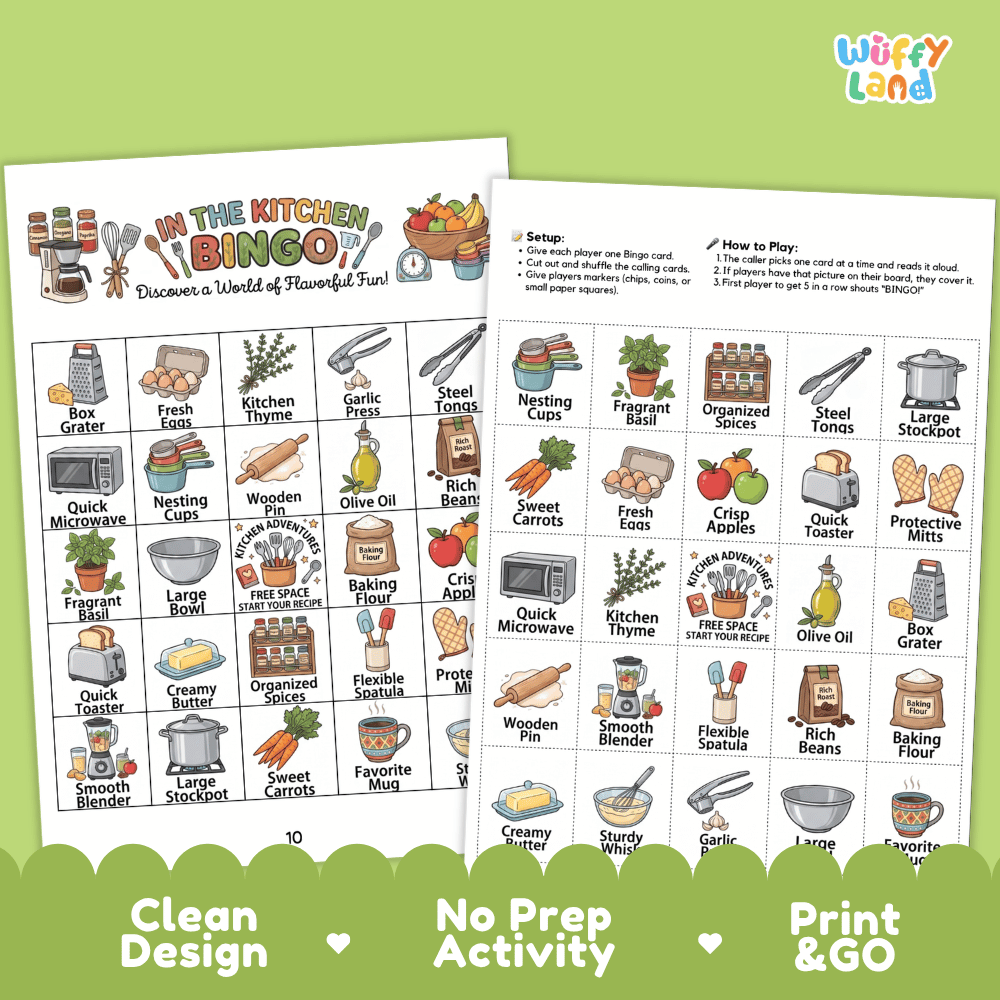In the Kitchen BINGO Games Printable Cooking Tools Activity Cards