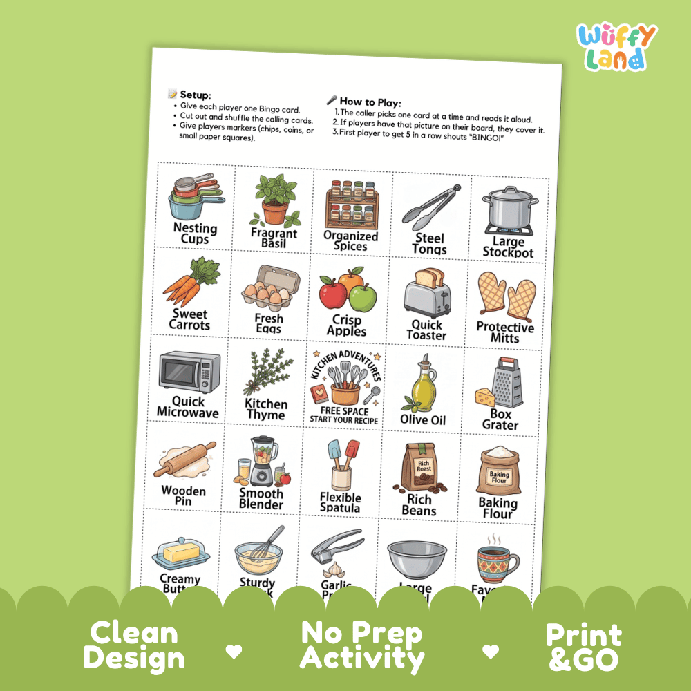 In the Kitchen BINGO Games Printable Cooking Tools Activity Cards