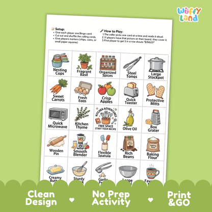 In the Kitchen BINGO Games Printable Cooking Tools Activity Cards