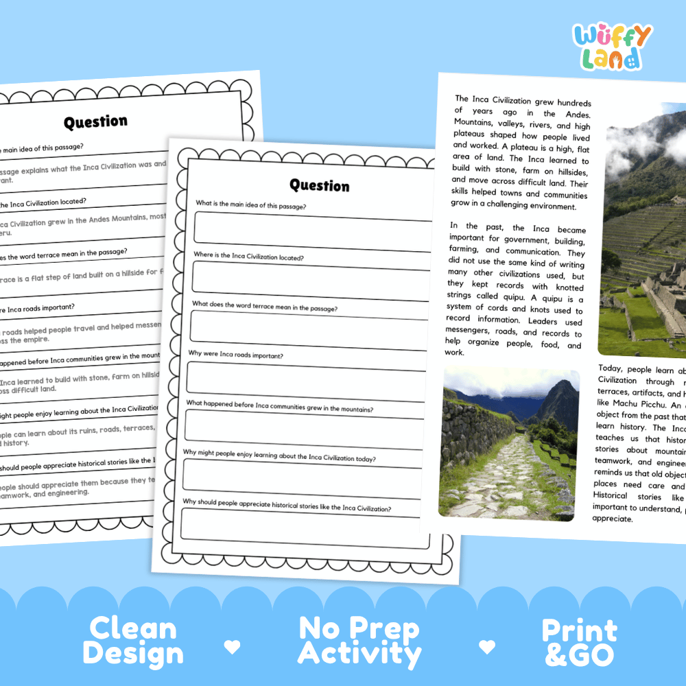 Student reading passage titled An Ancient Civilization in the Andes detailing Inca history, terrace farming, Machu Picchu, and mountain photography