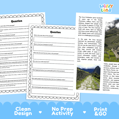 Student reading passage titled An Ancient Civilization in the Andes detailing Inca history, terrace farming, Machu Picchu, and mountain photography