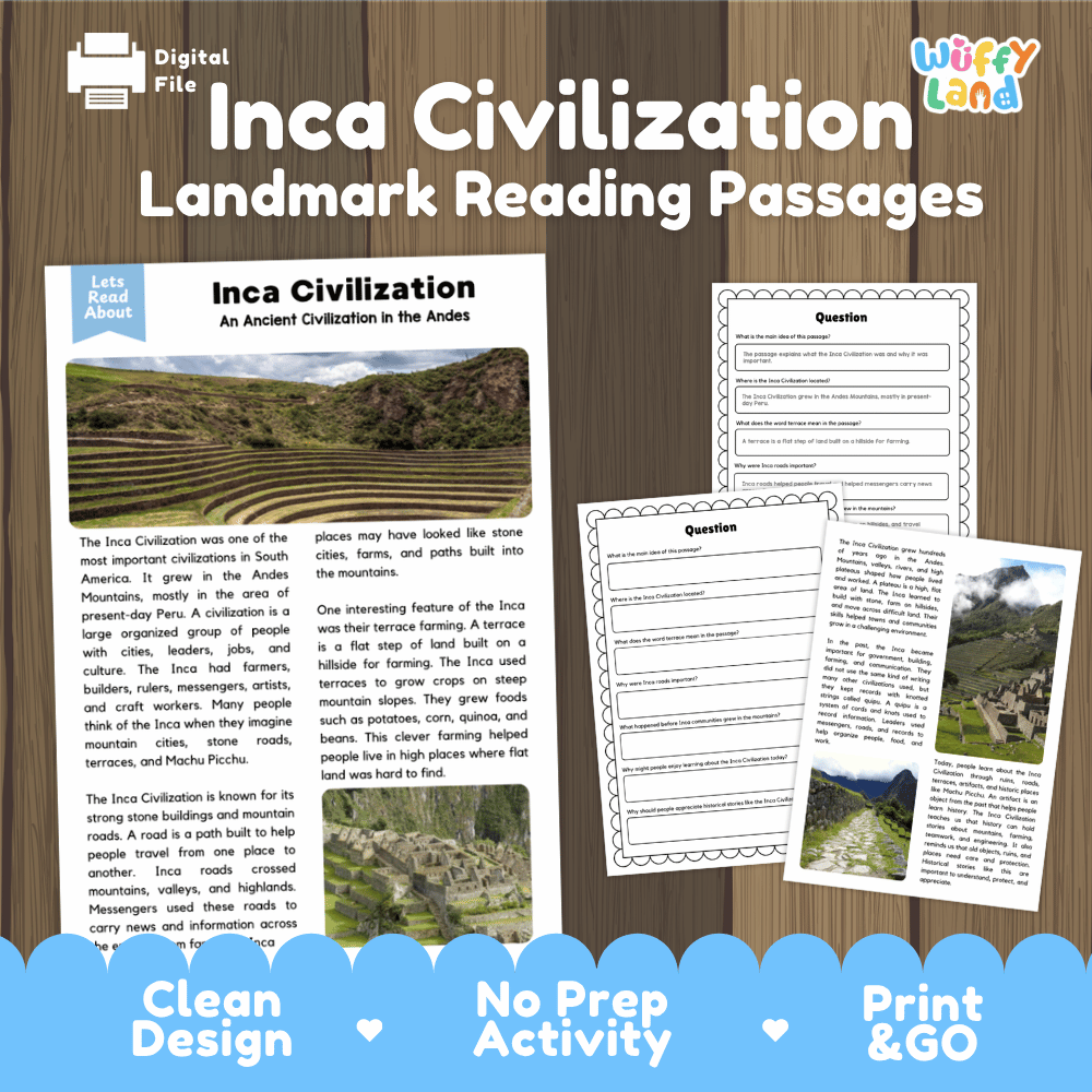 Inca Civilization landmark reading passages educational study unit featuring nonfiction reading worksheets and authentic Andean terrace farming photography