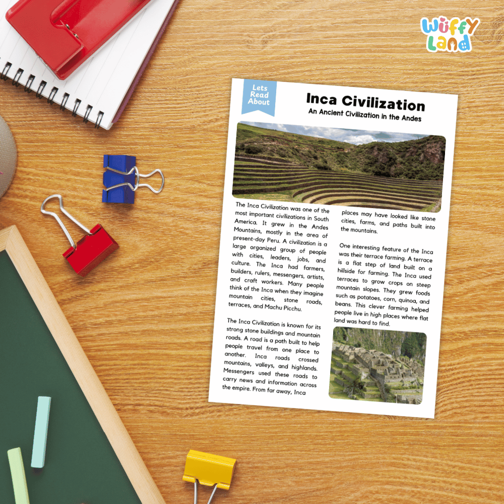 Lined reading comprehension question worksheet covering main ideas, vocabulary terms, and landmark facts about the Inca civilization