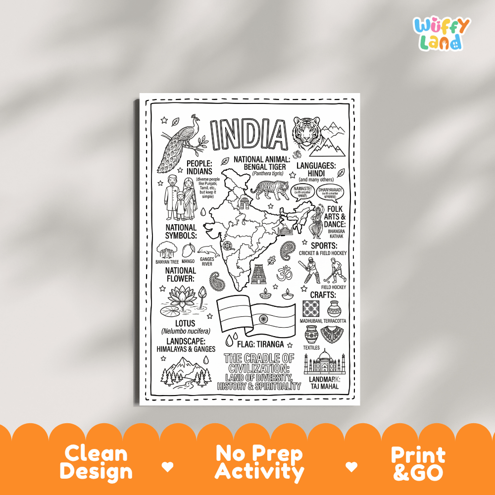 Educational activity coloring page highlighting Indian Bengal Tiger Panthera tigris, Lotus flower Nelumbo nucifera, and Peacock