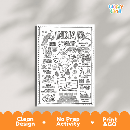 Educational activity coloring page highlighting Indian Bengal Tiger Panthera tigris, Lotus flower Nelumbo nucifera, and Peacock