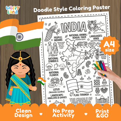 India country study doodle style coloring poster printable page featuring map, Taj Mahal, and cultural symbols