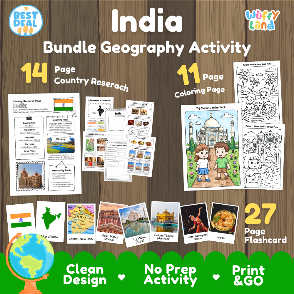India geography activity bundle cover showing 14 country research pages, 11 coloring pages, and 27 photo flashcards