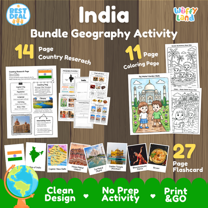India geography activity bundle cover showing 14 country research pages, 11 coloring pages, and 27 photo flashcards