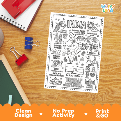 Doodle map coloring sheet showing India subcontinent, Himalayas, Ganges River, Taj Mahal, and ancient temple architecture