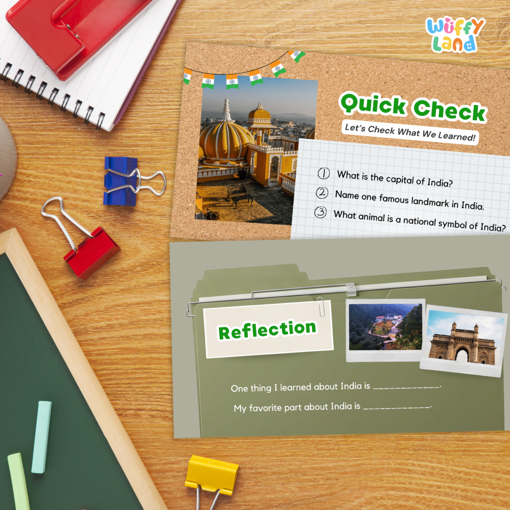 An educational India-themed quick check and reflection worksheet set by Wiffly Land, displayed in a styled desk flat-lay with school supplies on a wooden table.