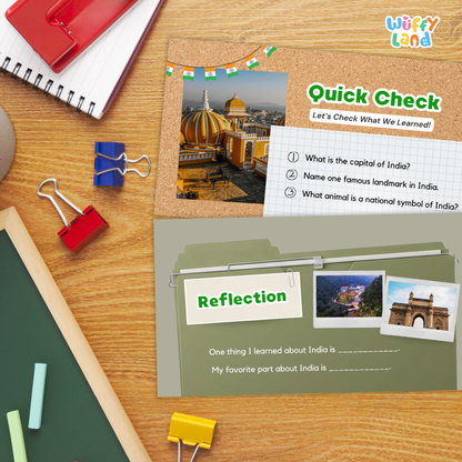 An educational India-themed quick check and reflection worksheet set by Wiffly Land, displayed in a styled desk flat-lay with school supplies on a wooden table.