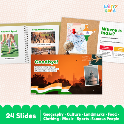 A product presentation of a children's educational travel slideshow template titled 'Goodbye! India'. The image shows several digital slide mockups arranged on a pink patterned background, including a spiral-bound 'National Sport' slide, a corkboard-style 'Traditional Games' slide, an India map slide, and an orange 'Goodbye! India' slide with a train and monument graphic.