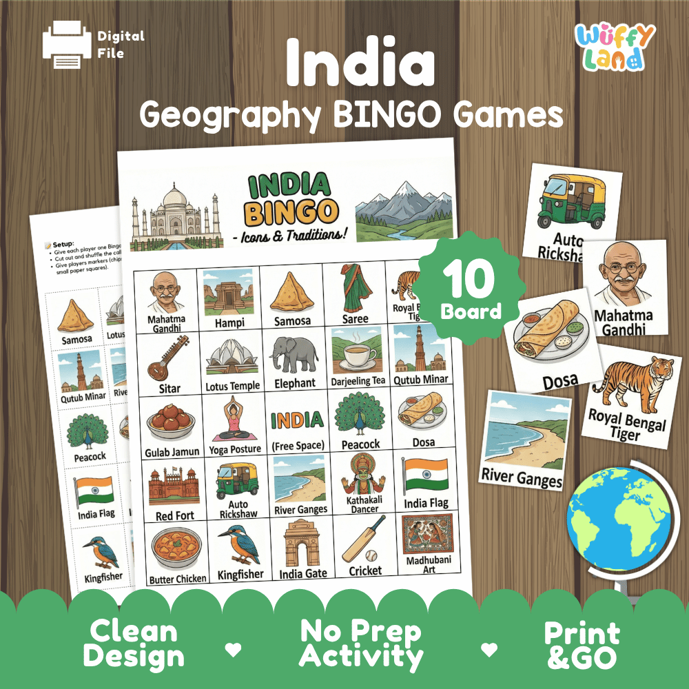 India Geography BINGO Games Printable Activity Boards