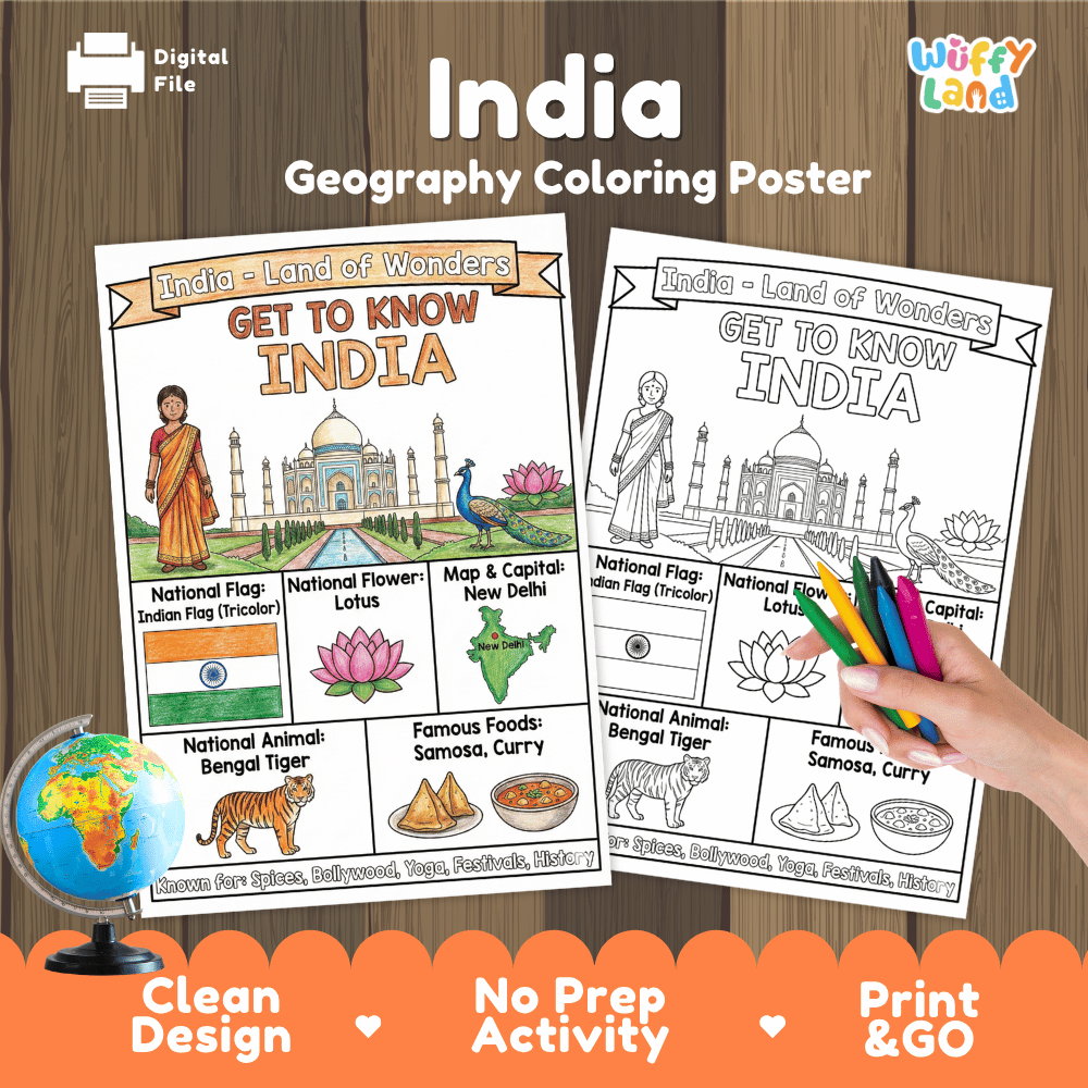 India Geography Coloring Poster and Fact Sheet Printables