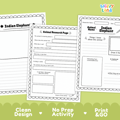 Indian Elephant Animal Research Page Worksheets and Fact Sheet Activity