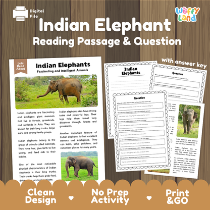 Indian Elephant Reading Passage and Comprehension Questions with Answer Key Worksheets