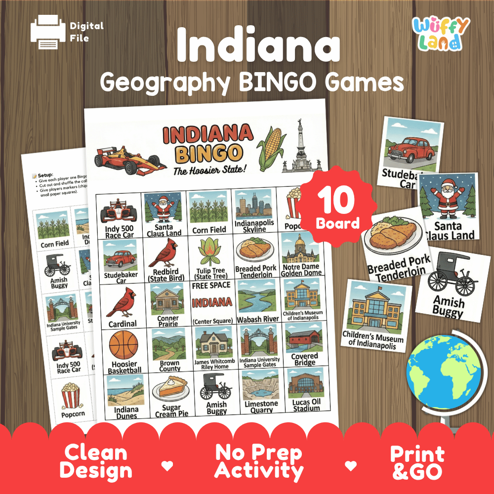 Indiana Geography BINGO Games Printable Activity Boards