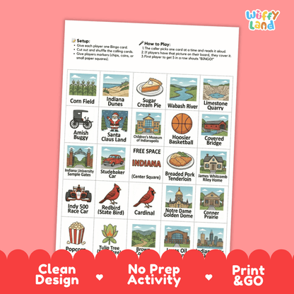 Indiana Geography BINGO Games Printable Activity Boards