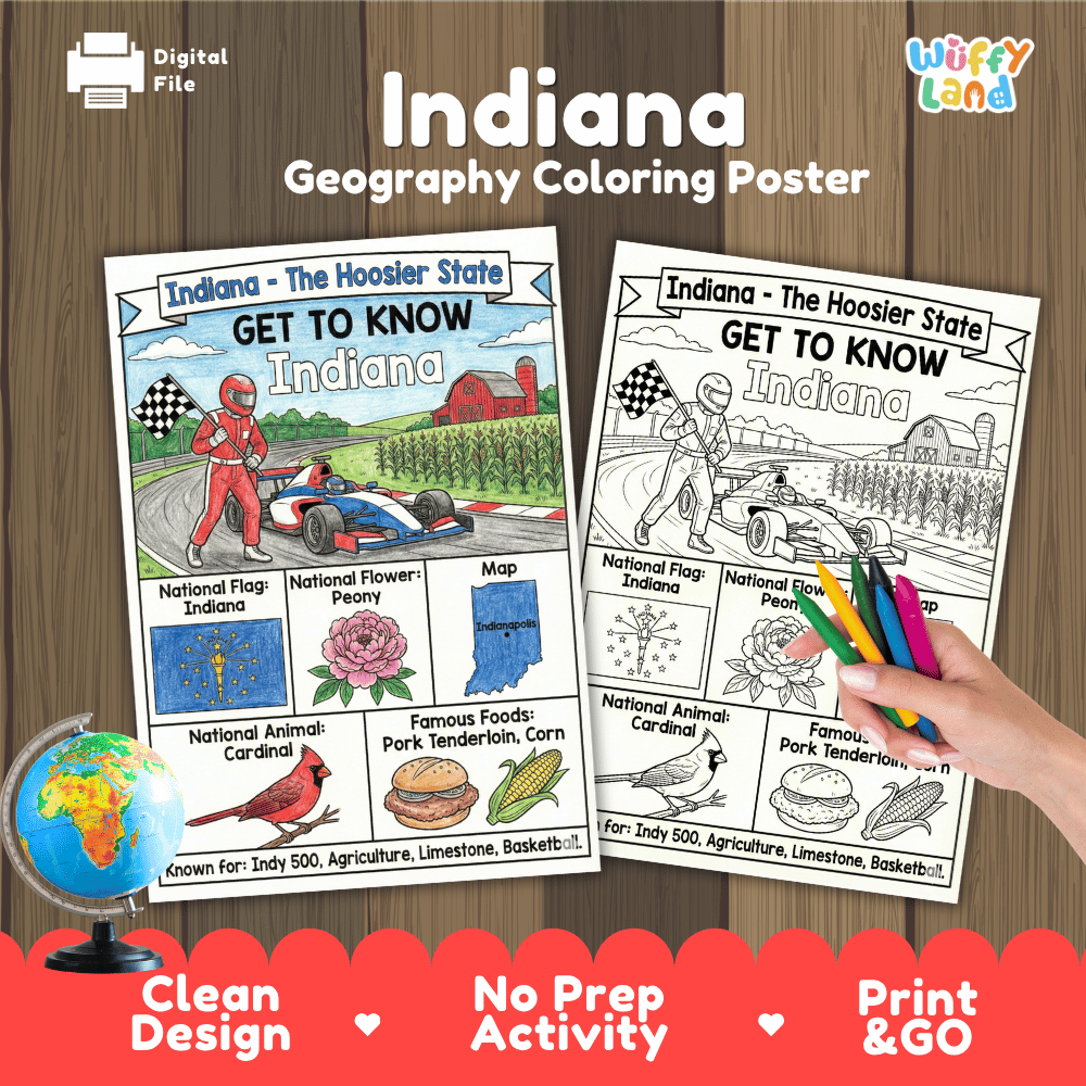 Indiana Geography Coloring Poster Worksheets