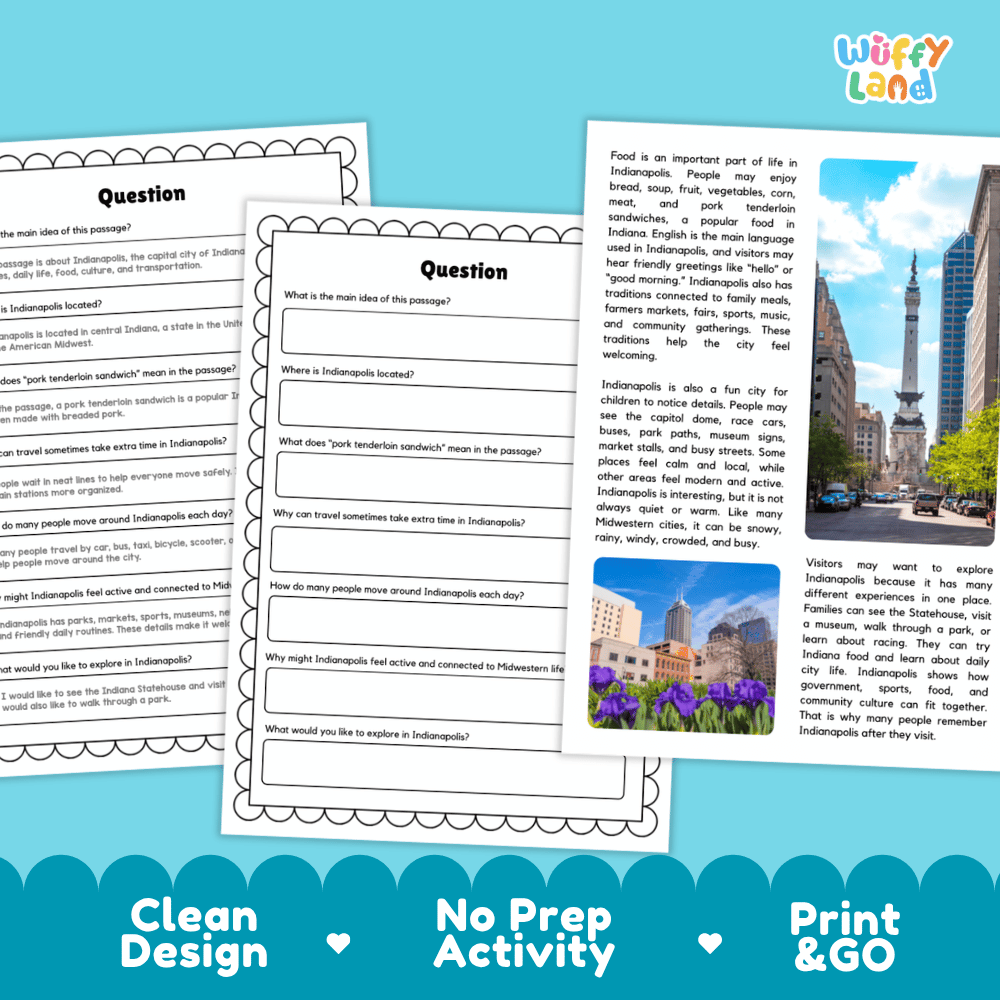 Student reading passage titled A Busy City in the Midwest detailing Indianapolis Indiana speedway pork tenderloin sandwich and city photography