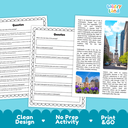 Student reading passage titled A Busy City in the Midwest detailing Indianapolis Indiana speedway pork tenderloin sandwich and city photography