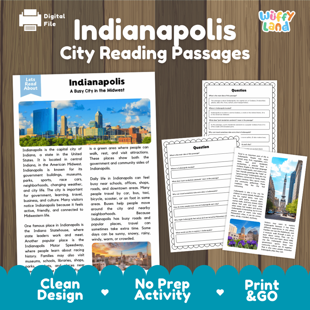 Indianapolis city reading passages and comprehension worksheet educational unit featuring nonfiction text and authentic Indianapolis Indiana skyline and speedway photography