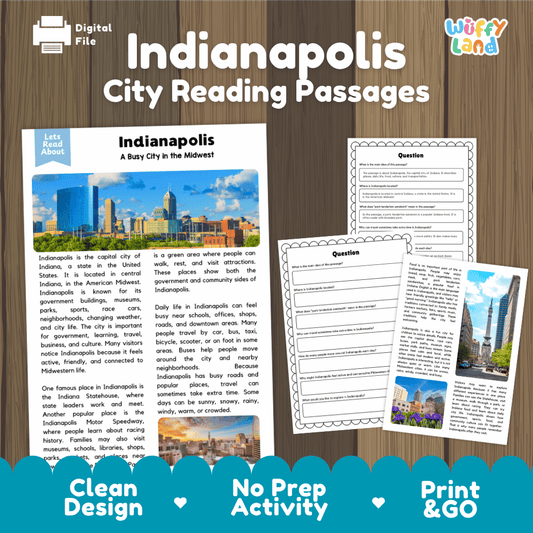 Indianapolis city reading passages and comprehension worksheet educational unit featuring nonfiction text and authentic Indianapolis Indiana skyline and speedway photography
