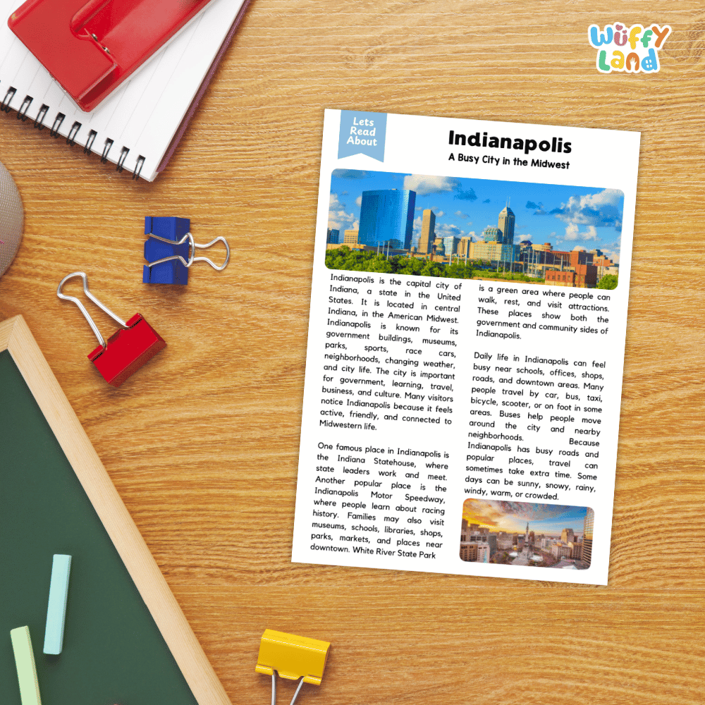 Lined reading comprehension question worksheet covering main ideas vocabulary terms and landmark facts about Indianapolis Indiana