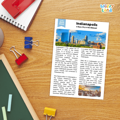 Lined reading comprehension question worksheet covering main ideas vocabulary terms and landmark facts about Indianapolis Indiana