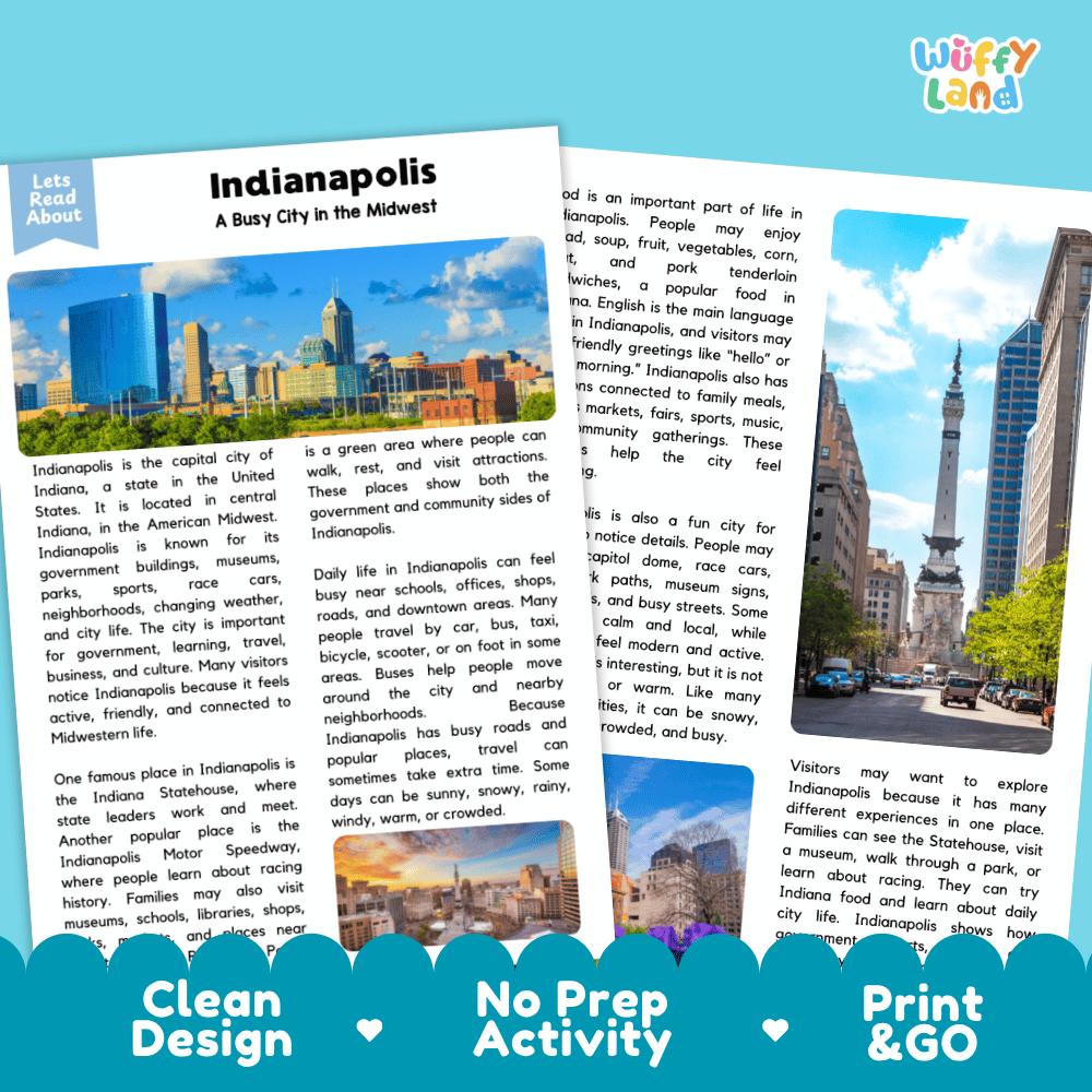 Reference sheet and answer key for Indianapolis landmark reading passage displaying completed comprehension answers and United States geography facts