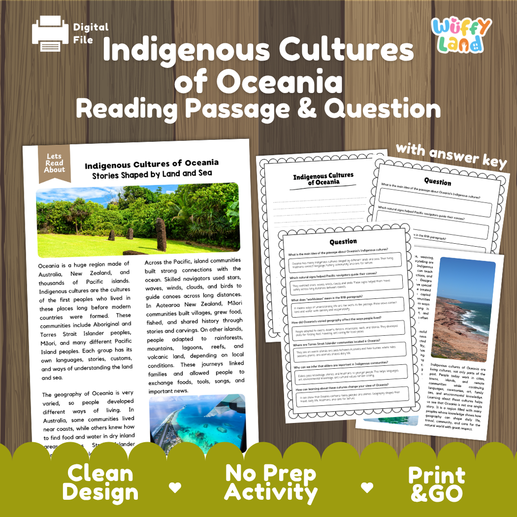 Indigenous Cultures of Oceania reading comprehension passage and questions printable activity pack with answer key for elementary students