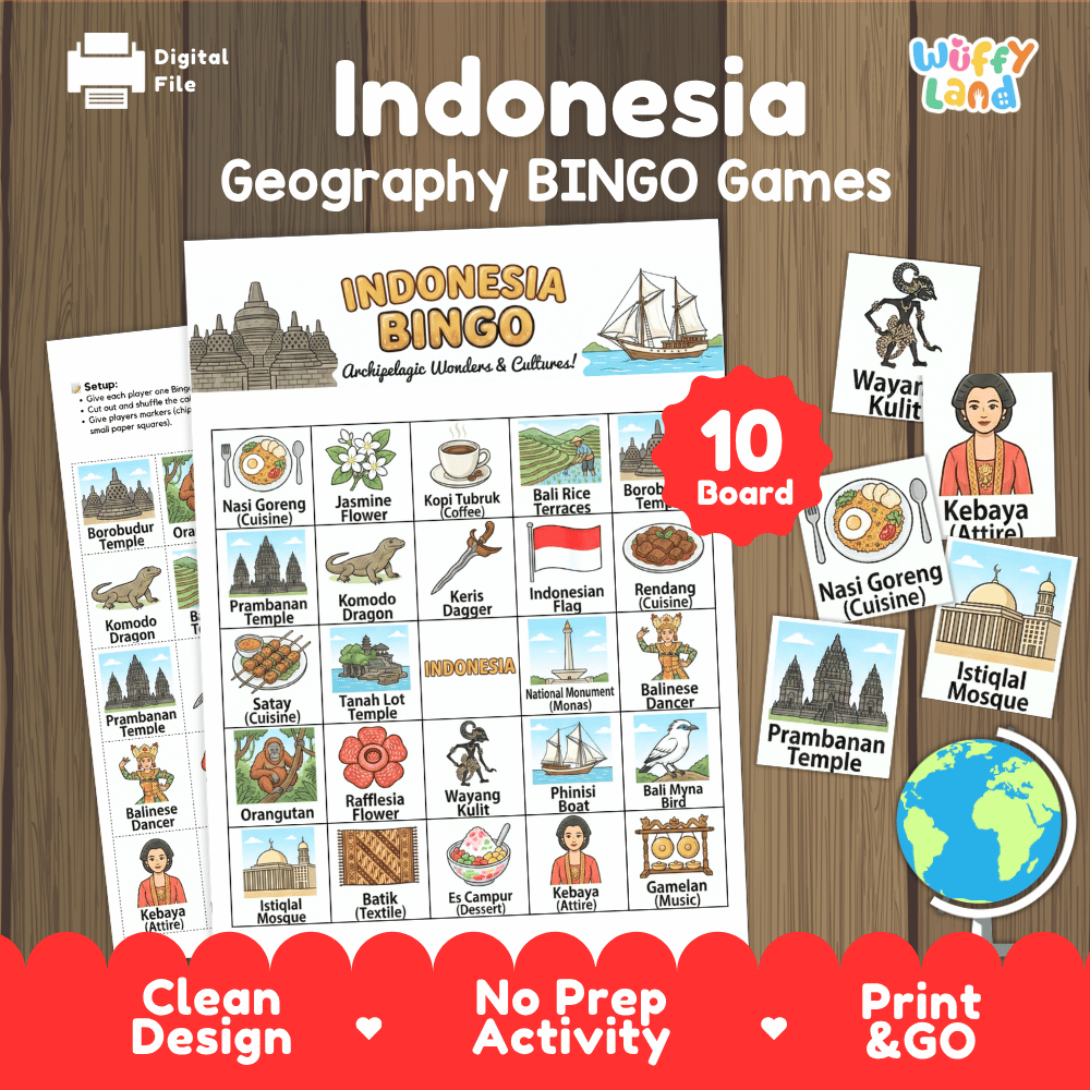 Classroom educational Bingo game cards featuring Prambanan Temple, Rendang, Wayang Kulit, Phinisi boat, and Kebaya 🎲🍛