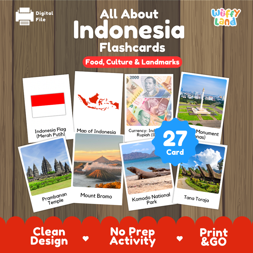 Jakarta Monas Park coloring page paired with real photo flashcards of Prambanan Temple, Mount Bromo, and Komodo National Park