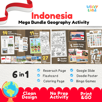 Complete Indonesia geography activity bundle featuring Google Slides, doodle coloring poster, and classroom bingo games 🇮🇩🎒
