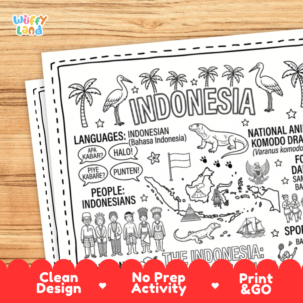 Cultural coloring page featuring traditional Indonesian dress, Saman and Barong dance, Batik craft, Gamelan, and Halo speech bubbles