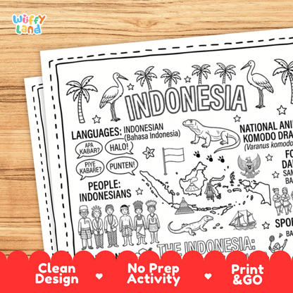 Cultural coloring page featuring traditional Indonesian dress, Saman and Barong dance, Batik craft, Gamelan, and Halo speech bubbles
