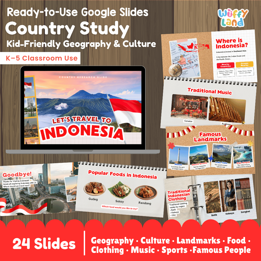 Interactive Google Slides deck displaying famous Indonesian landmarks like Monas, Borobudur Temple, and popular Indonesian cuisine 💻🕌